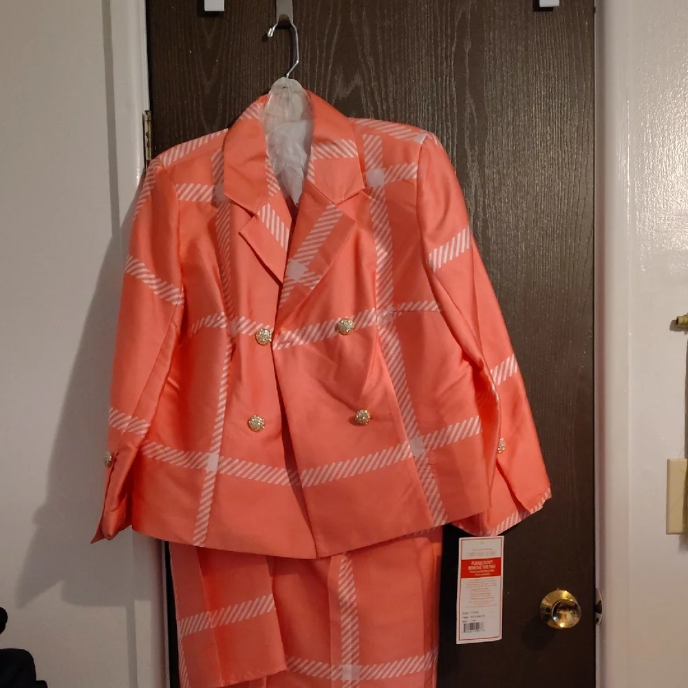 Women's Coral Plaid Double-Breasted Blazer - Picture 1 of 6